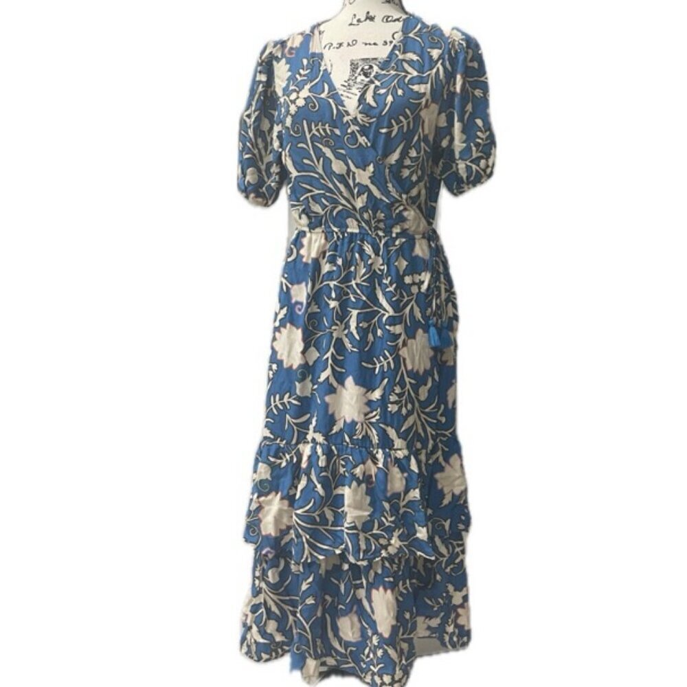 BLUE‎ FLORAL RUFFLED WRAP MIDI DRESS BOHO CHIC SHORT SLEEVE  SZ M TRENDY